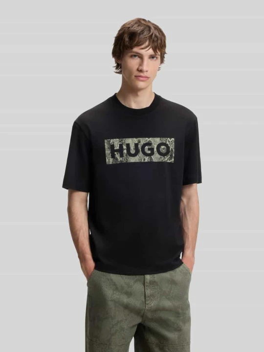 Zdjęcie produktu t-shirt o kroju regular fit z czystej bawełny model 'NERPIENT' Hugo czarny