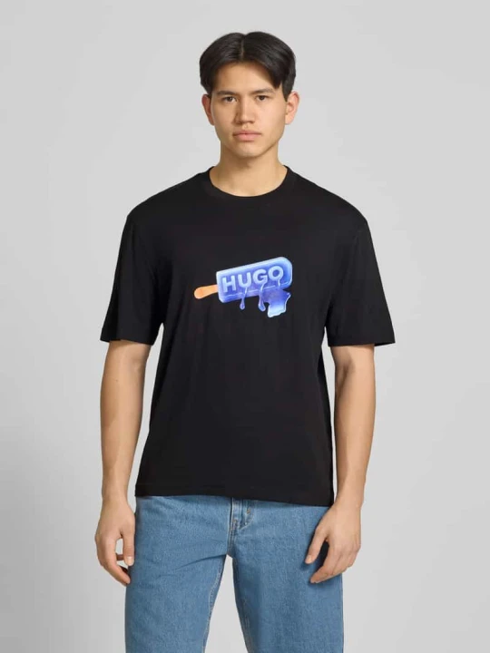 Zdjęcie produktu t-shirt o kroju regular fit z czystej bawełny model 'NOGLASY' Hugo Czarny