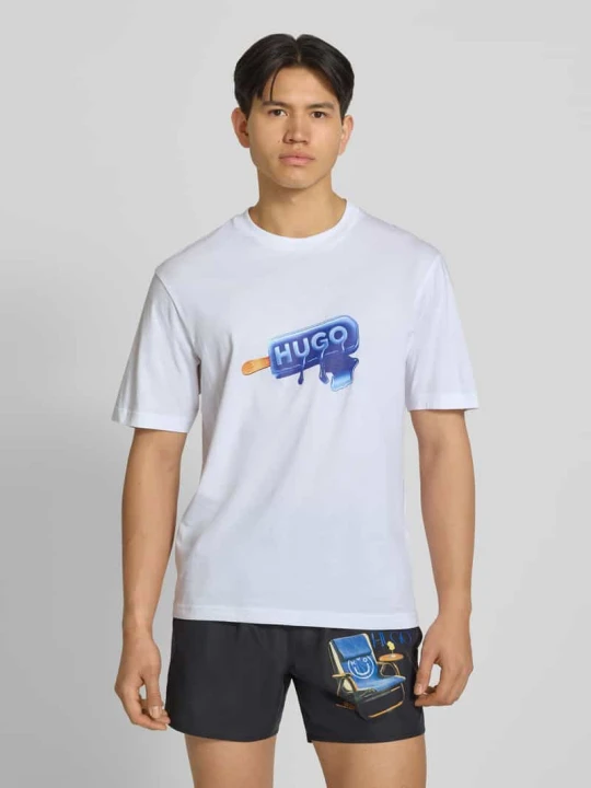 Zdjęcie produktu t-shirt o kroju regular fit z czystej bawełny model 'NOGLASY' Hugo Biały