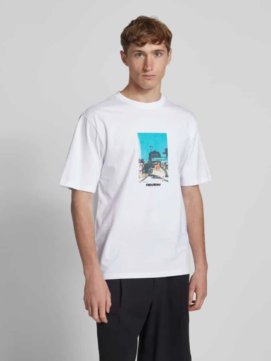 Zdjęcie produktu T-shirt o kroju regular fit z mieszanki bawełny i wiskozy REVIEW Biały