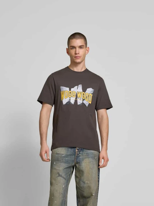 Zdjęcie produktu T-shirt o kroju Regular Fit z nadrukiem z logo Wood Wood Antracytowy