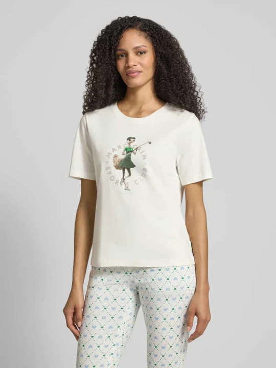 Zdjęcie produktu T-shirt o kroju regular fit z obszyciem ozdobnymi kamieniami Marc Cain Złamany biały
