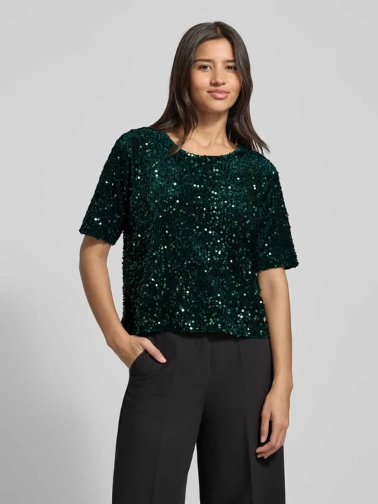 Zdjęcie produktu T-shirt o kroju relaxed fit z cekinowym obszyciem na całej powierzchni model ‘Cara’ BRAX Ciemnozielony