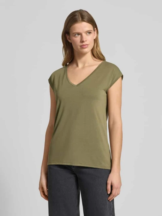 Zdjęcie produktu T-shirt o kroju relaxed fit z mieszanki modalu model 'KAMALA' Pieces Khaki