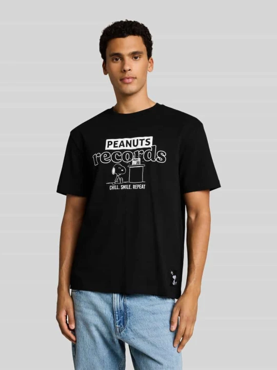 Zdjęcie produktu t-shirt o kroju relaxed fit z czystej bawełny z nadruk peanuts© z przodu Tom Tailor Czarny