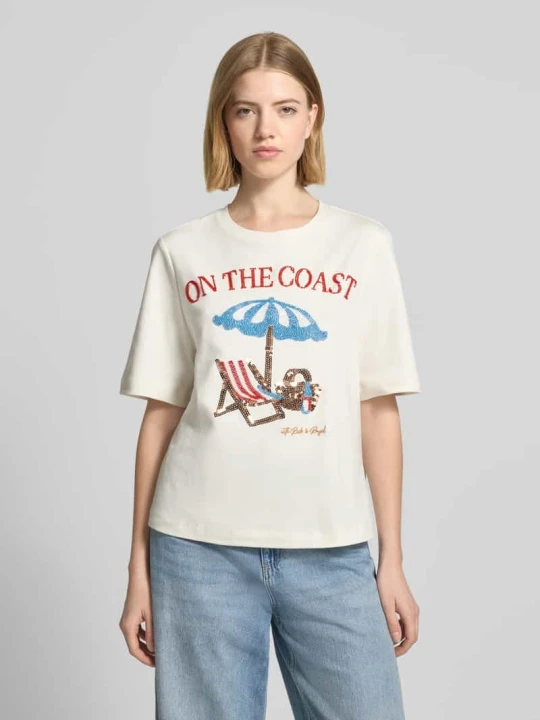 Zdjęcie produktu T-shirt o kroju relaxed fit z obszyciem ozdobnymi kamieniami Rich & Royal Écru