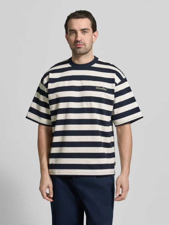 Zdjęcie produktu T-shirt o kroju relaxed fit z przeszytym logo model 'Beam' Woodbird Granatowy