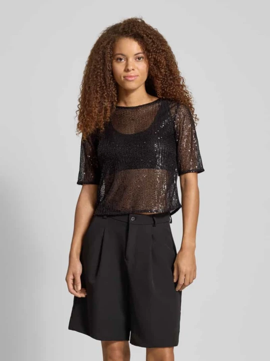 Zdjęcie produktu T-shirt o kroju shaped fit z cekinowym obszyciem model ‘JACK’ Pieces czarny