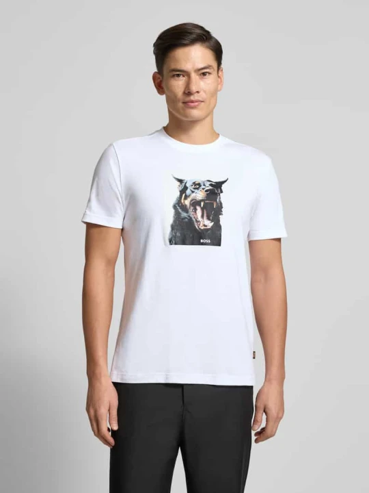 Zdjęcie produktu T-shirt o kroju slim fit z czystej bawełny model ‘TE_DOBERMANN’ Boss Biały