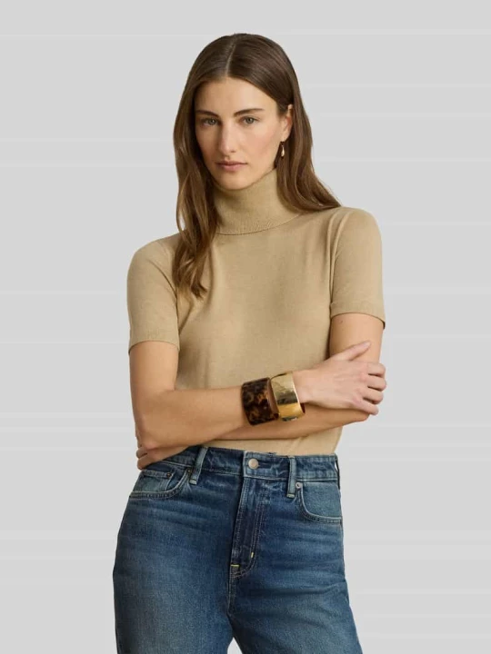 Zdjęcie produktu t-shirt o kroju slim fit z dodatkiem jedwabiu model 'RESEDA' Lauren Ralph Lauren Camel