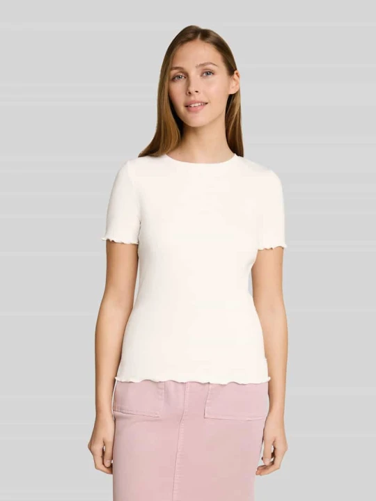 Zdjęcie produktu t-shirt o kroju slim fit z mieszanka bawełny z prążkowana dzianina Tom Tailor Złamany biały