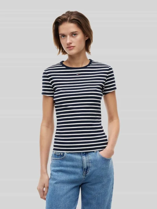 Zdjęcie produktu t-shirt o kroju slim fit z mieszanka bawełny z prążkowana dzianina Tommy Jeans Granatowy