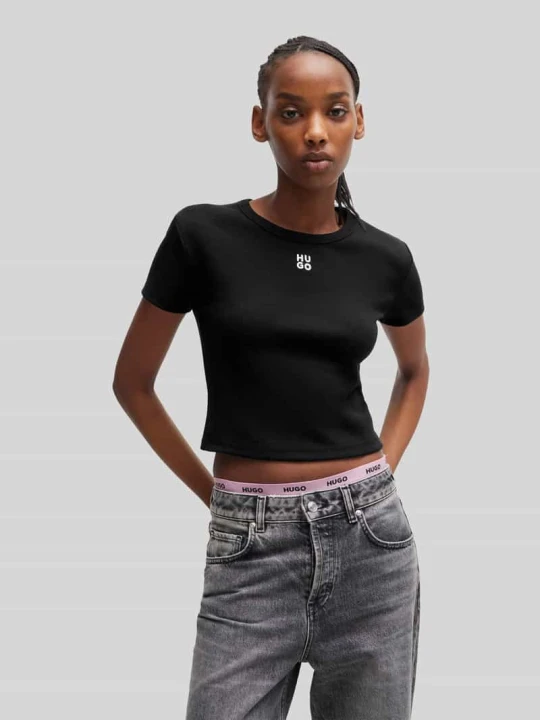 Zdjęcie produktu t-shirt o kroju slim fit z mieszanki bawełny model 'DELANOR' Hugo Czarny