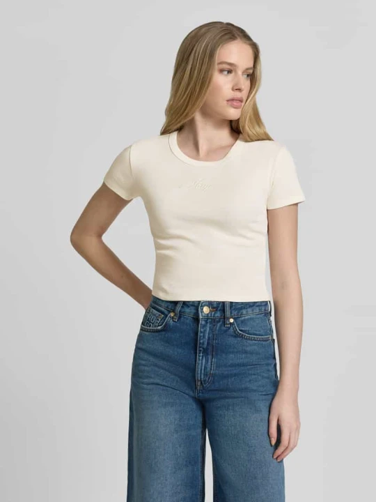 Zdjęcie produktu t-shirt o kroju slim fit z mieszanki bawełny model 'DELANOR' Hugo Złamany biały