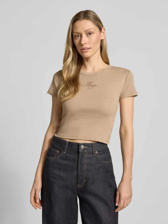 Zdjęcie produktu t-shirt o kroju slim fit z mieszanki bawełny model 'DELANOR' Hugo Beżowy
