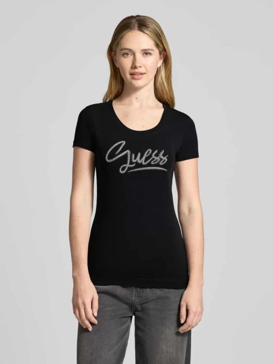 Zdjęcie produktu T-shirt o kroju slim fit z obszyciem z kamieni stras Guess Czarny