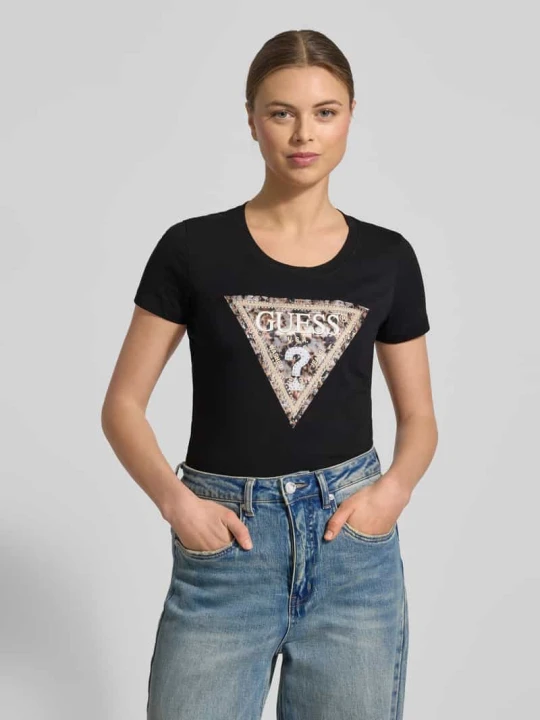 Zdjęcie produktu T-shirt w kroju slim fit z aplikacją z ozdobnych kamieni Guess Czarny