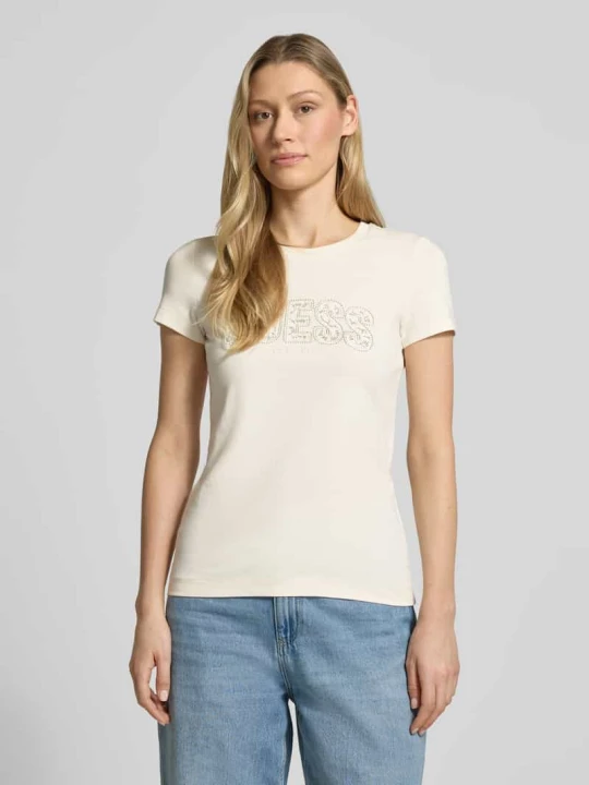 Zdjęcie produktu t-shirt o kroju slim fit z obszyciem z kamieni stras Guess Złamany biały