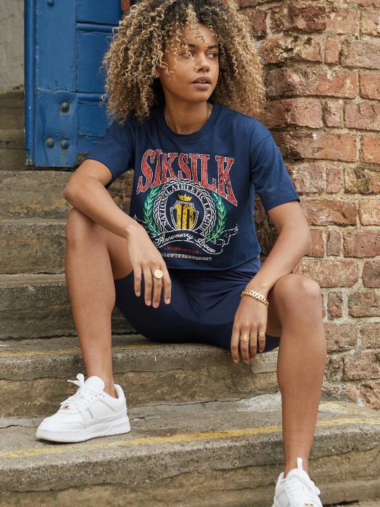 Zdjęcie produktu T-shirt Siksilk Women's Navy Crop Varsity