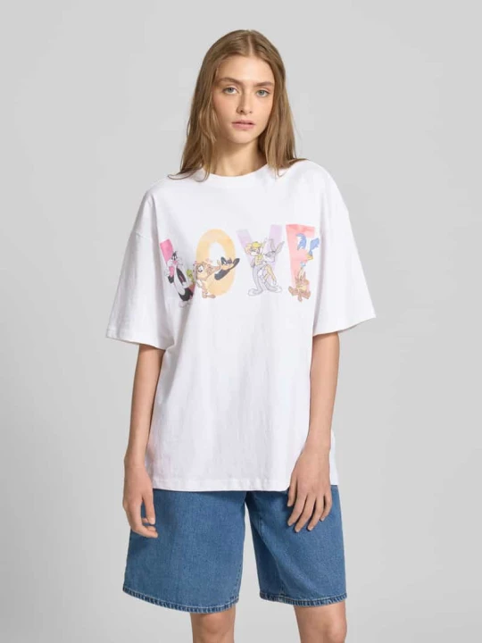 Zdjęcie produktu T-shirt typu oversized z nadrukiem z motywem REVIEW Biały