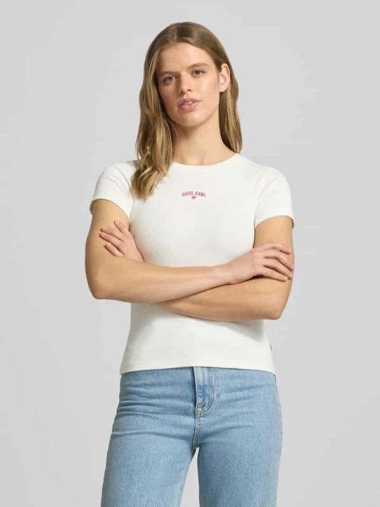 Zdjęcie produktu T-shirt w efekcie prążkowania z logo Guess Biały