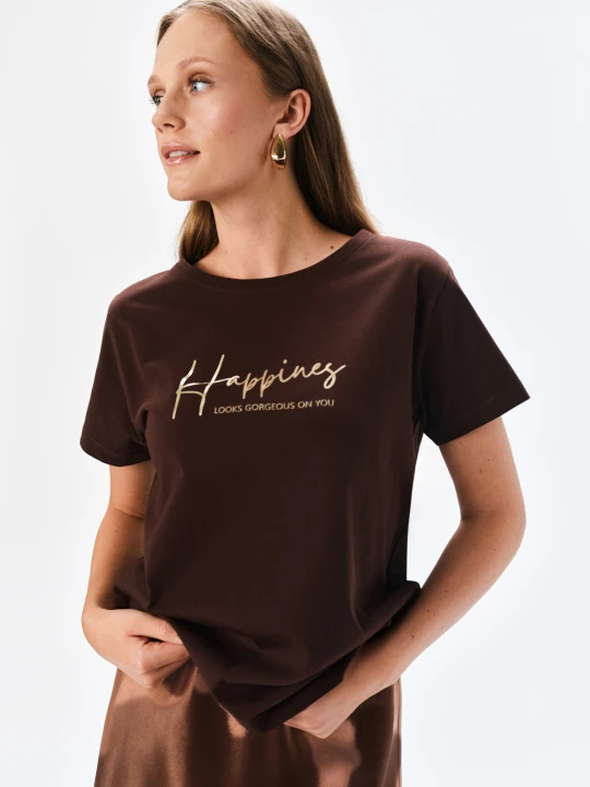 Zdjęcie produktu T-shirt w kolorze ciemnobrązowym z połyskującym napisem TOP SECRET