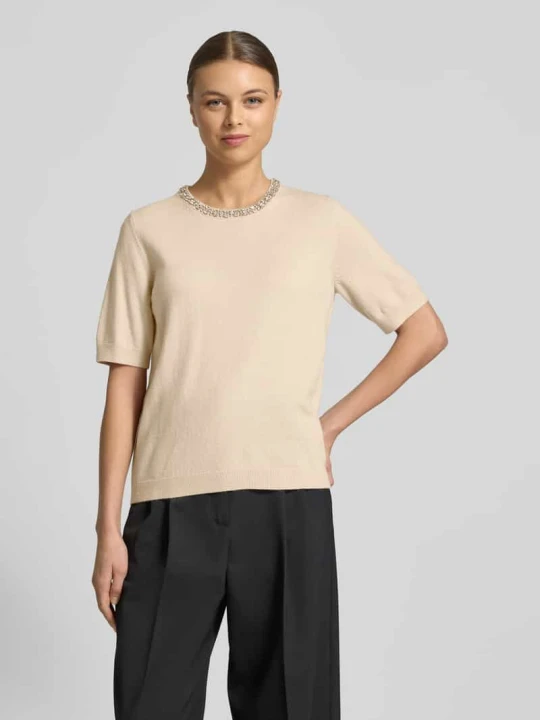 Zdjęcie produktu t-shirt o kroju regular fit z obszyciem ozdobnymi kamieniami i mieszanką wiskozy i kaszmiru model 'Krissi' JOOP! Beżowy