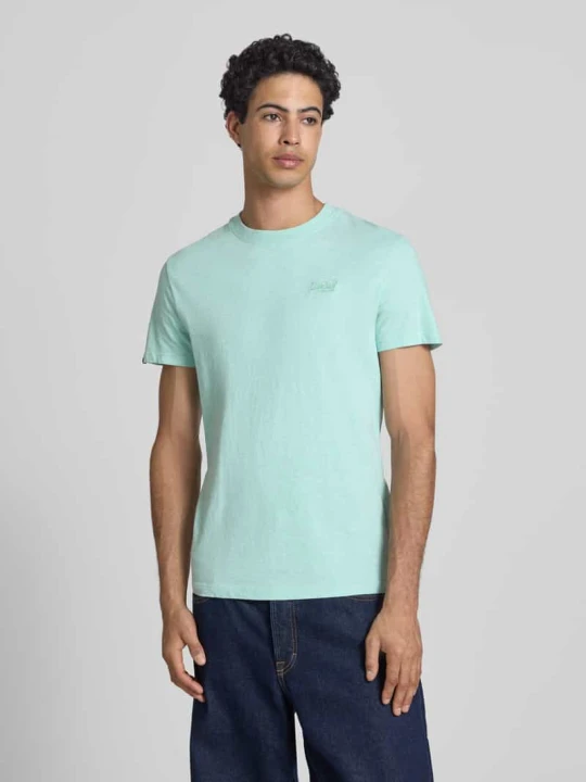 Zdjęcie produktu T-shirt w kroju regular fit z haftowanym logo Superdry Miętowy melanż