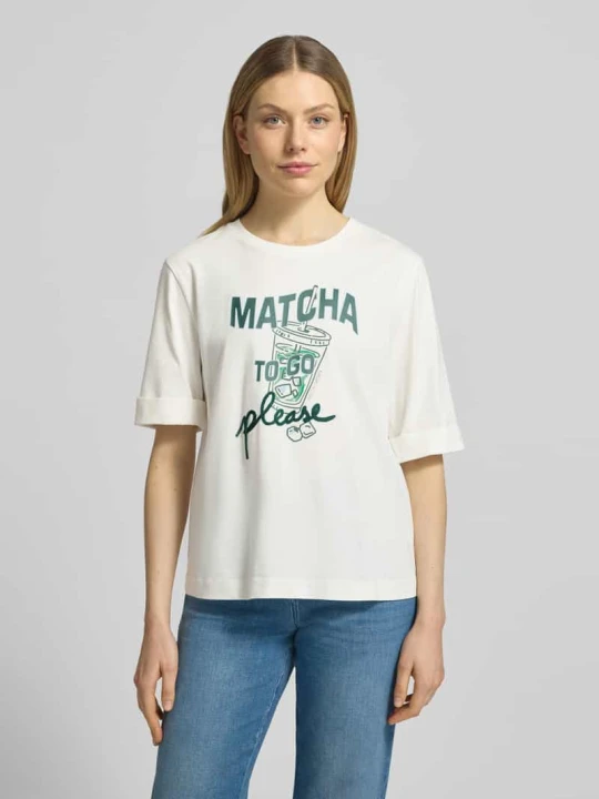 Zdjęcie produktu T-shirt w kroju slim fit z nadrukiem z motywem Marc Cain Złamany biały