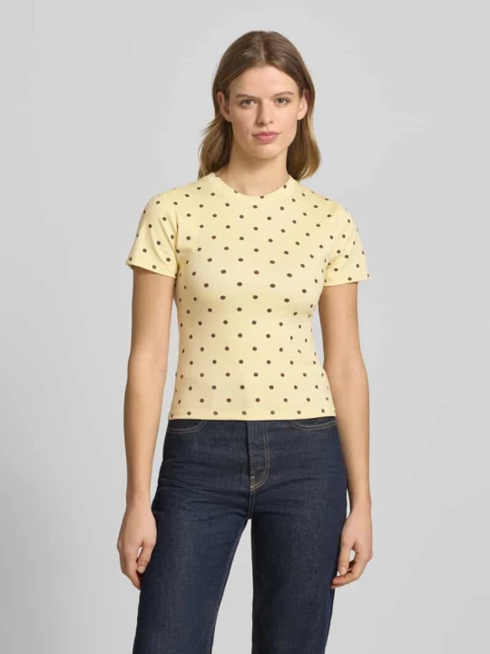 Zdjęcie produktu T-shirt w kroju slim fit z okrągłym dekoltem model 'Joy' Oh April Pastelowy żółty