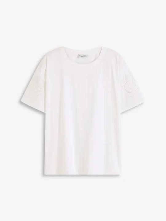 Zdjęcie produktu T-shirt z ażurowym haftem BonPrix biały