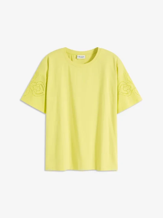 Zdjęcie produktu T-shirt z ażurowym haftem BonPrix żółty
