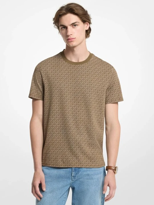 Zdjęcie produktu T-shirt z bawełnianego dżerseju z nadrukiem w charakterystyczne logo Michael Kors ZIELONY DUFFLE (Zielony)