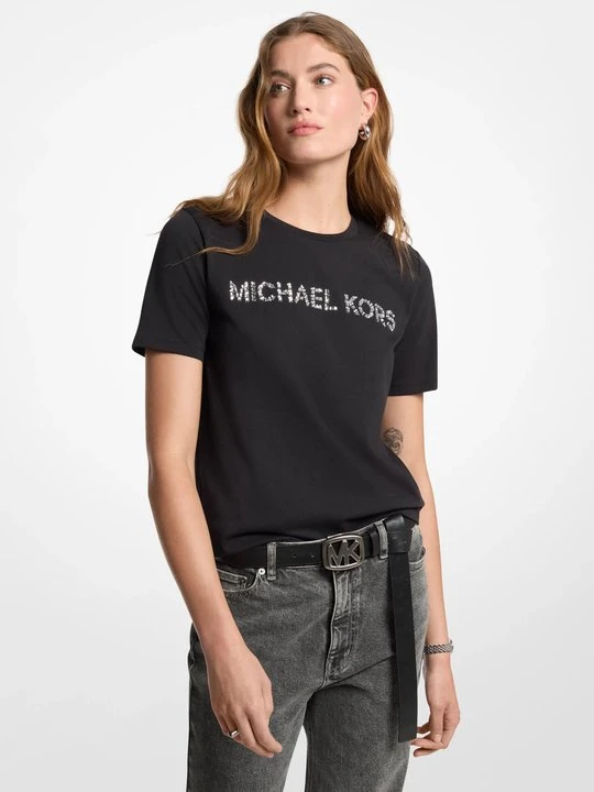 Zdjęcie produktu T-shirt z bawełnianego dżerseju z ozdobnym logo Michael Kors CZARNY (Czarny)