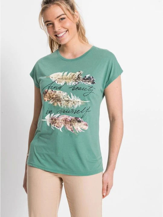 Zdjęcie produktu T-shirt z brokatowym nadrukiem BonPrix zielony