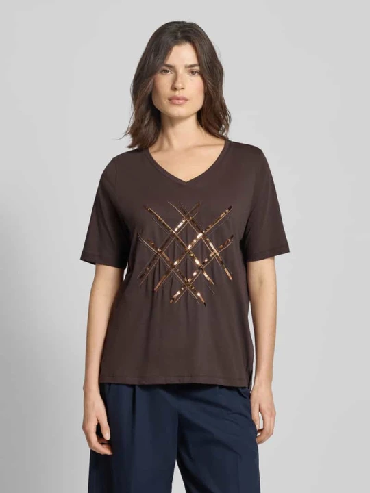 Zdjęcie produktu T-shirt z cekinami i dekoltem w serek milano italy Czekoladowy