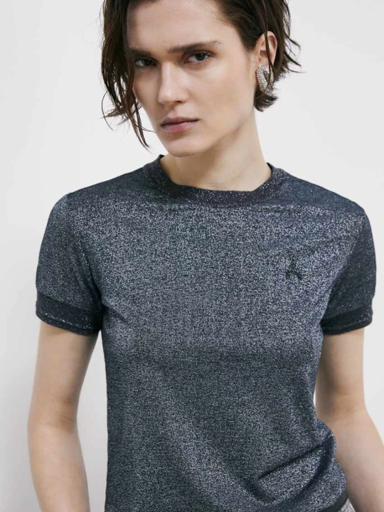 Zdjęcie produktu T-shirt z cienkiej dzianiny z logo ze strassami Patrizia Pepe szary