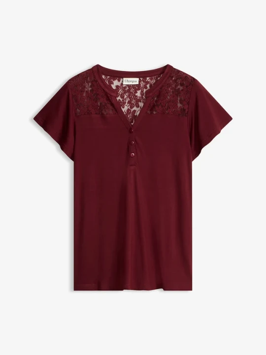 Zdjęcie produktu T-shirt z dekoltem henley z mieszanki wiskozy BonPrix czerwony