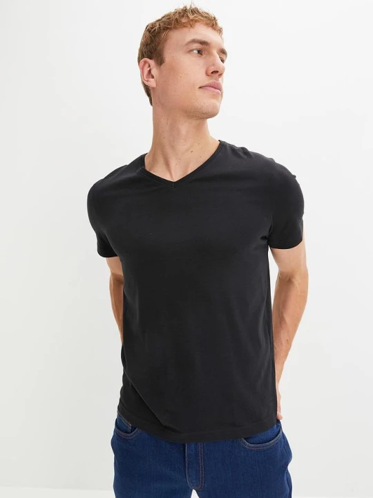 Zdjęcie produktu T-shirt z dekoltem w serek (3 szt.) BonPrix czarny