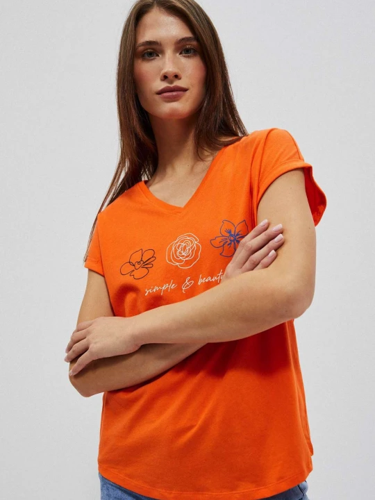 Zdjęcie produktu T-shirt z dekoltem w serek i nadrukiem pomarańczowy Moodo