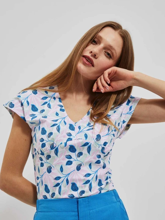 Zdjęcie produktu T-shirt z dekoltem w serek wielokolorowy Moodo