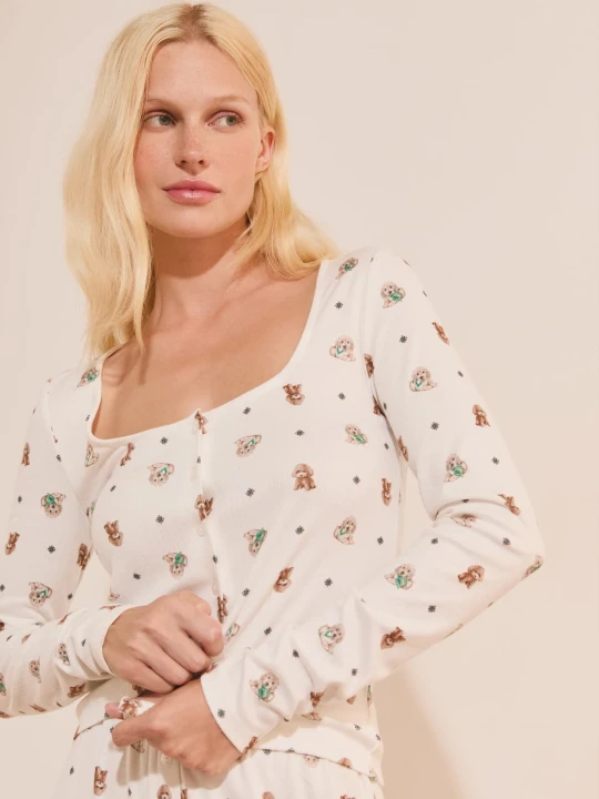 Zdjęcie produktu T-shirt z długim rękawem z guzikami we wzory Etam ecru