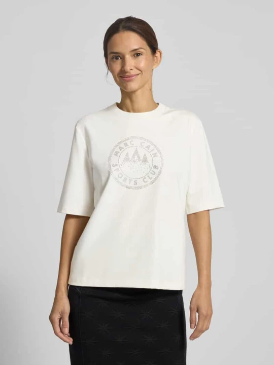 Zdjęcie produktu T-shirt z dodatkiem bawełny i obszyciem kamieniami stras Marc Cain Złamany biały