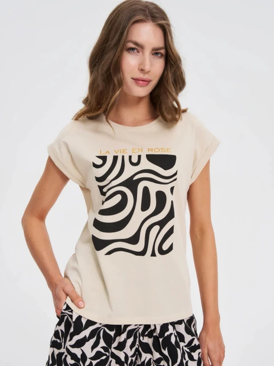 Zdjęcie produktu T-shirt z geometrycznym nadrukiem beżowy Moodo