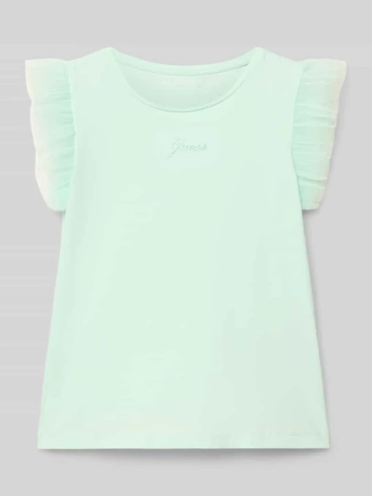 Zdjęcie produktu T-shirt z haftowanym logo i dekoltem w stylu crew neck Guess Miętowy