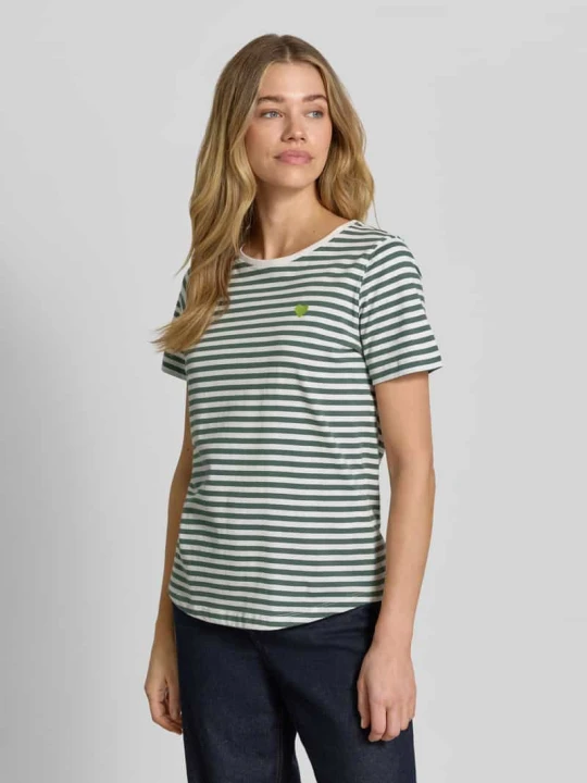 Zdjęcie produktu T-shirt z haftowanym motywem i dekoltem w kształcie litery O Freequent Ciemnozielony