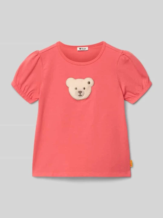 Zdjęcie produktu T-shirt z haftowanym motywem i dekoltem w kształcie litery O Steiff Koralowy
