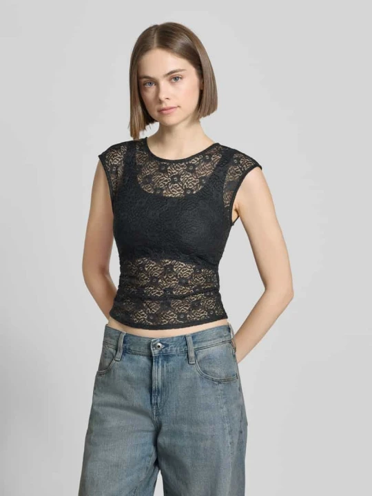 Zdjęcie produktu T-shirt z koronki z marszczeniem przy szwie bocznym REVIEW Czarny