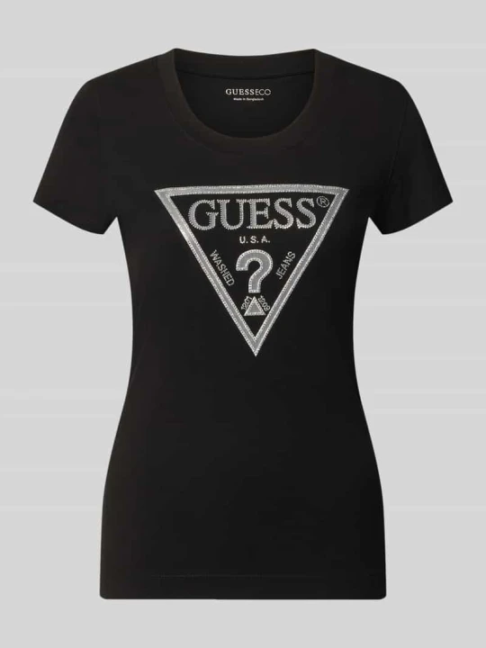 Zdjęcie produktu T-shirt z obszyciem ozdobnymi kamieniami i logo Guess Czarny