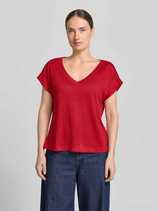 Zdjęcie produktu t-shirt z mieszanka wiskozy z dekoltem w serek Zero Jasnoczerwony